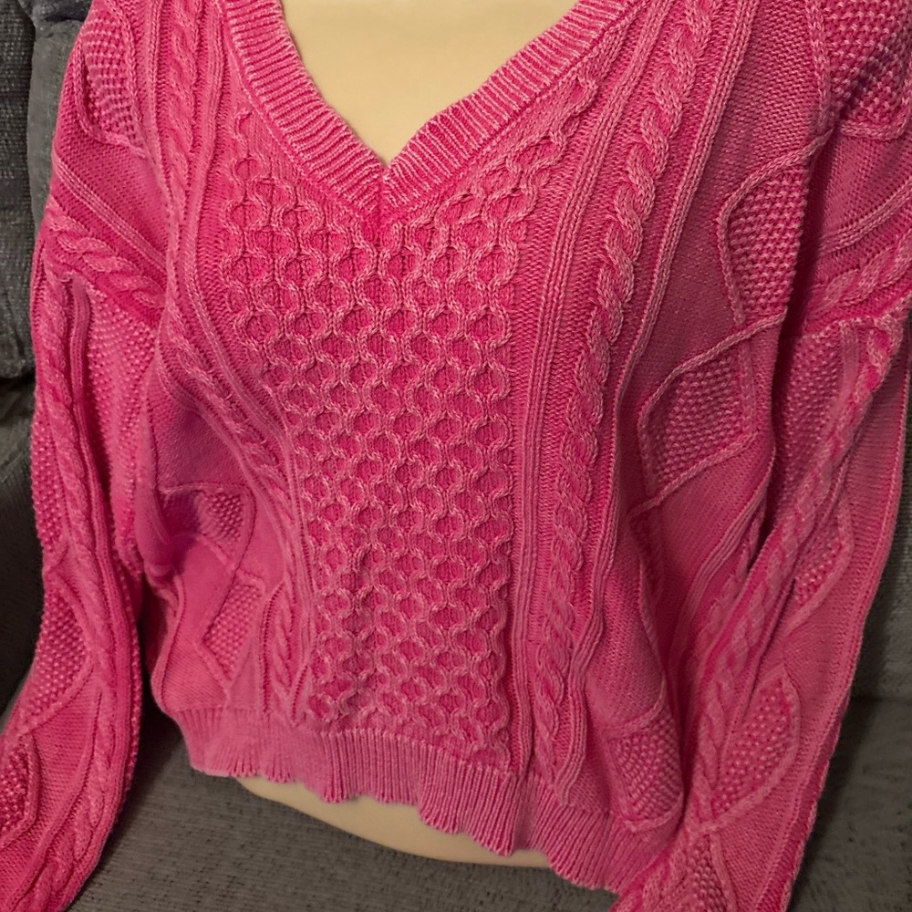 Pink Cable Knit V-Neck Sweater